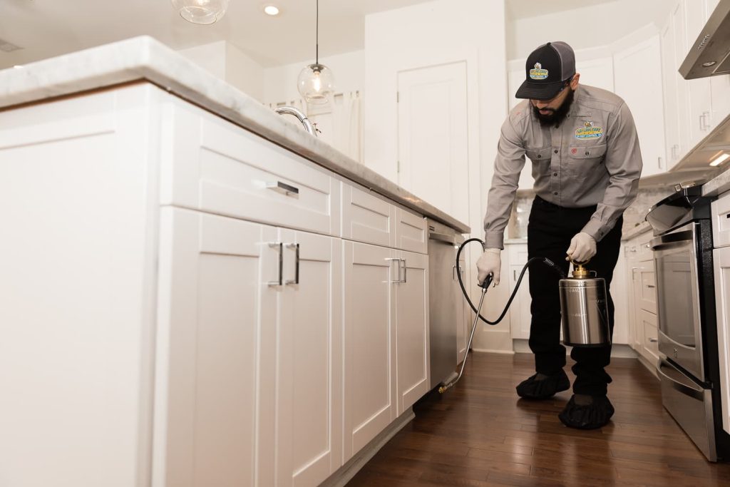 Man using ant spray in house