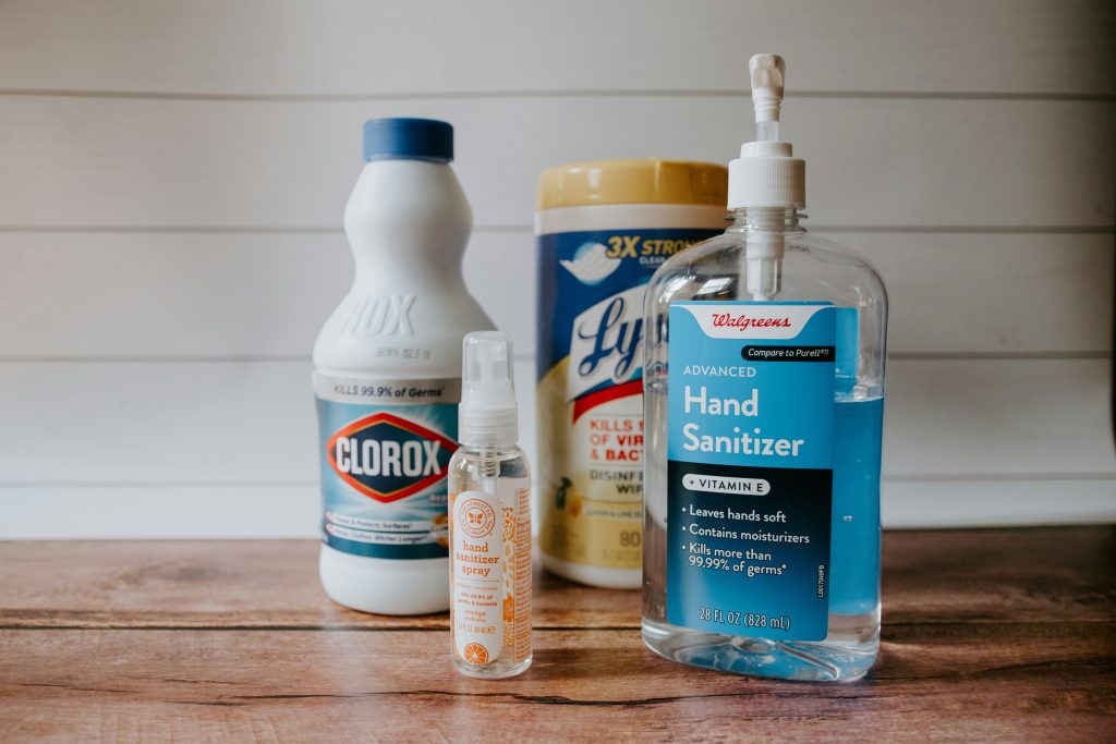 Cleaning disinfectant products sitting on wood countertop