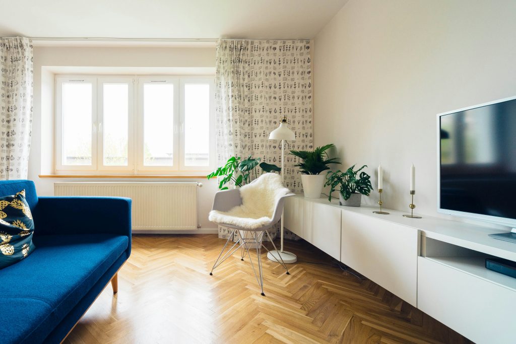 Apartment pest control - white living room with blue sofa and tv